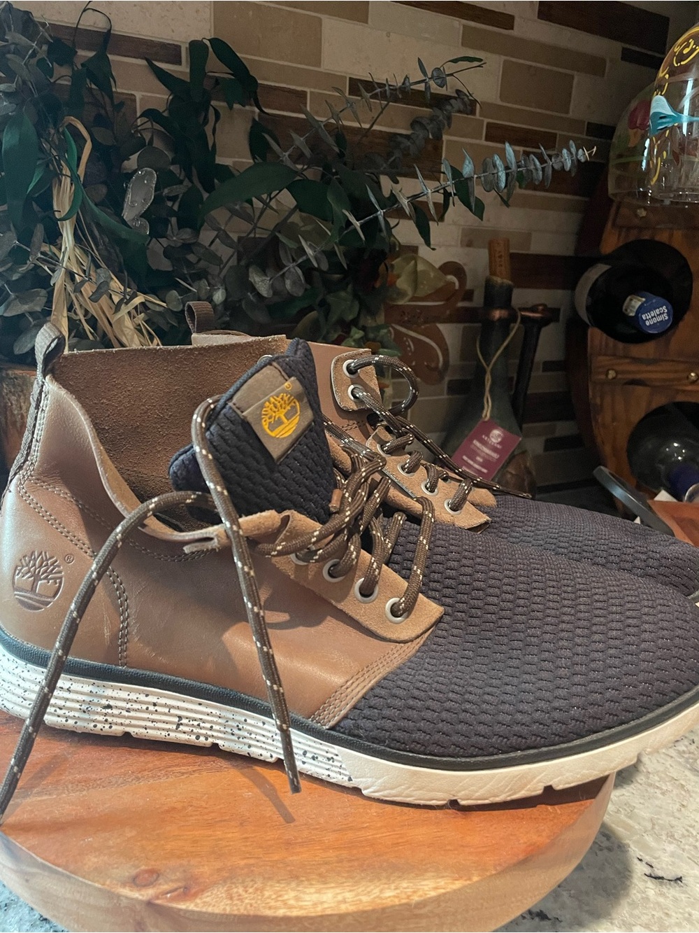 Timberland Men's Black Knit and Brown Leather Sneakers